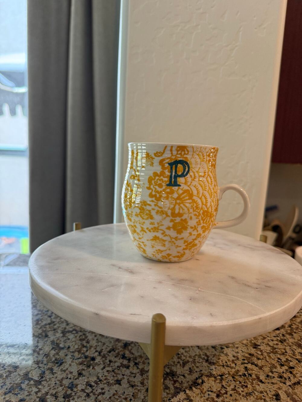 Anthropologie Yellow Floral Monogram Mug P